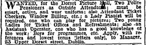 Dorset small ad for staff. Irish Times 20 March 1911: 1.