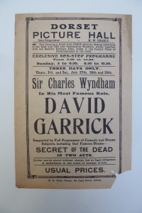 Handbill for M. W. Shanly's Dorset Picture Hall in July 1914, featuring the latest film adaption of T. W. Robertson's play David Garrick. 