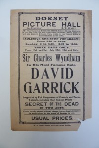 Handbill for M. W. Shanly's Dorset Picture Hall in July 1914, featuring the latest film adaption of T. W. Robertson's play David Garrick.