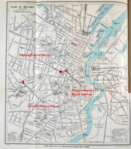 Map of Belfast in 1915 showing Clonard Picture House, Central Picture Theatre and Picture House, Royal Avenue.