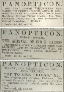 Ads for the Panopticon on 19, 21 and 24 Mar. 1914.