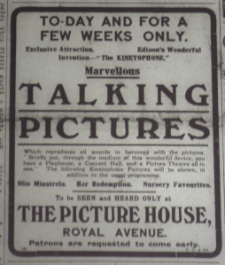 Edison Talking Pictures at the Picture House, Royal Avenue, Belfast. Belfast Newsletter 3 Apr. 1914: 1.