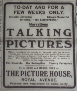 Edison Talking Pictures at the Picture House, Royal Avenue, Belfast. Belfast Newsletter 3 Apr. 1914: 1.