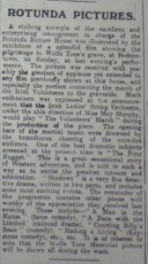 Review of the Rotunda programme that mentioned the rapturous reception of the political film The Annual Pilgrimage to Wolfe Tone's Grave; Evening Telegraph 23 Jun. 1914: 2. 
