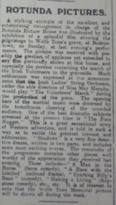 Review of the Rotunda programme that mentioned the rapturous reception of the political film The Annual Pilgrimage to Wolfe Tone's Grave; Evening Telegraph 23 Jun. 1914: 2. 