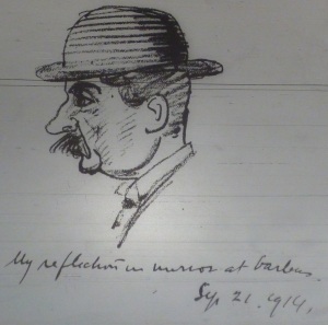Joseph Holloway's "My Reflection in Mirror at Barbers," 21 Sep. 1914. 