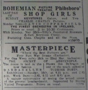 Ad for Dublin’s Masterpiece showing The Secret of Adrianople (1913); Evening Telegraph 15 May 1915: 1. 