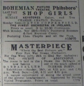 Ad for Dublin’s Masterpiece showing The Secret of Adrianople (1913); Evening Telegraph 15 May 1915: 1. 
