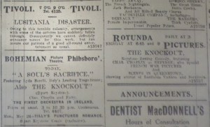Entertainment ads showing impact of Lusitania sinking; Evening Telegraph 10 May 1915: 1.