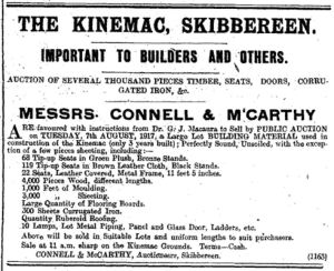 Ad for an auction of the Kinemac's furnishings and building materials. Cork County Eagle 4 Aug. 1917: 4.