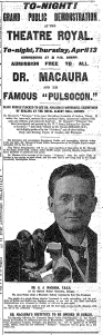 Ad for Macaura's demonstration of the Pulsocon in Dublin, 13 April 1911.