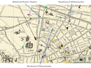 Map showing from where members of the audiences travelled from to get to the Bohemian Picture Theatre on 14 Sep. 1915. Purple stars represent people who supported William Larkin’s account of his protest; green stars represent people who challenged Larkin’s account. Yellow squares represent picture houses in north Dublin.
