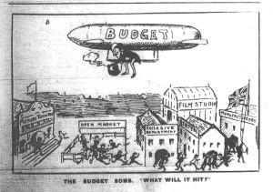The cinema industry long feared the imposition of crippling taxes, going so far in this cartoon as to identify the British government with the zeppelin raids then terrorizing southeast England. Bioscope 7 Oct. 1915: 16c.