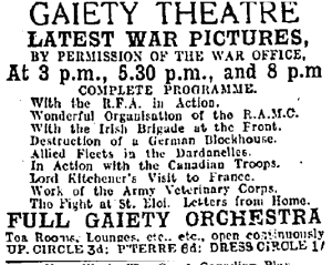Official war films at the Gaiety; Evening Herald 14 Jun. 1916: 2.