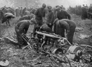 British military personnel sift through the wreckage of Airship SL11, shot down near Cuffley, Hertfordshire, on 3 September 1916. Image from Europeana. 