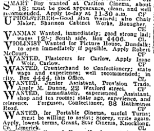 Cinema features strongly among the small ads in the Irish Independent, 2 Nov 1916: 2.